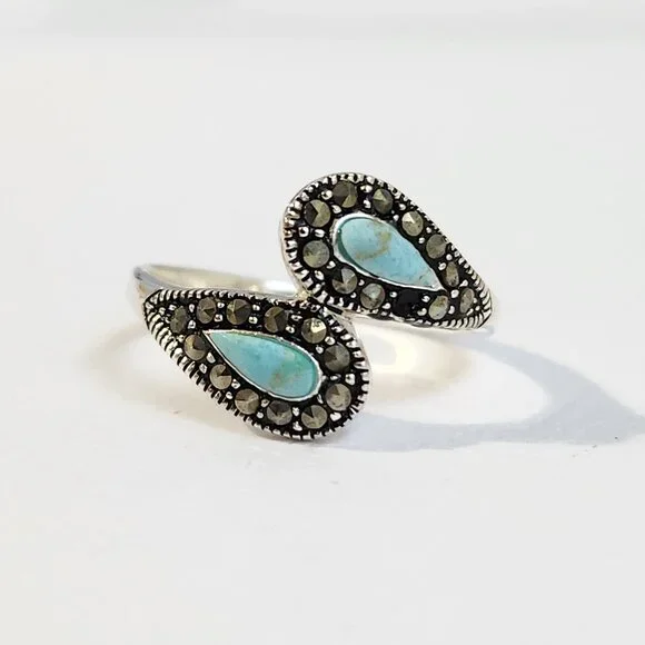 1990's Signed 925 Silver Classic Turquoise & Marcasite Ring Size 7 - Picture 1 of 12